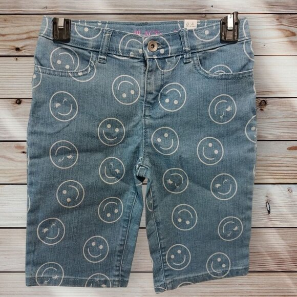 Place Girl Skimmer Denim Shorts  With Smiley Face Design Size 10 blue/wht  color - Picture 1 of 5